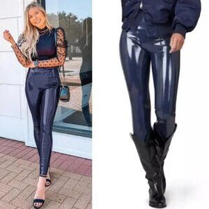 SPANX Patent Faux Leather Gloss Leggings in Port Navy Large NWT